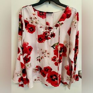 Bobeau Floral Print Lace Front Top Large Boho Like New